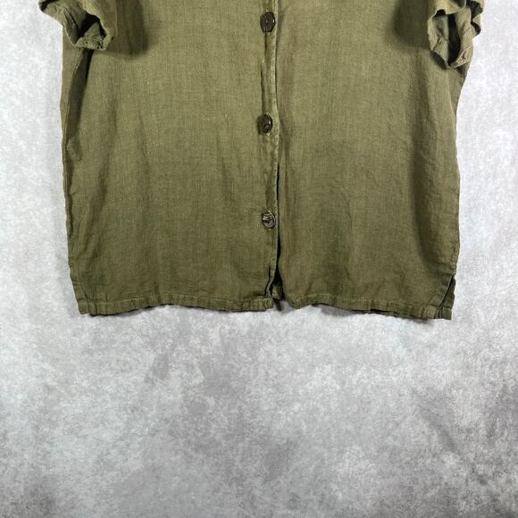 Hot Cotton Blouse Womens Medium Green Linen Button Front Minimalist Lagenlook - Picture 3 of 9